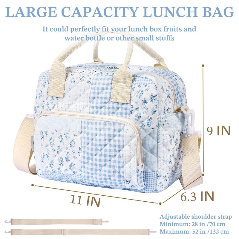 WOBAGMEN Quilted Lunch Box for Women,Large Blue Floral Insulated Lunch Bag for Adult,Cute Lunch Tote Bags for Work Picnic Travel(green blue pin,M) - Image 2