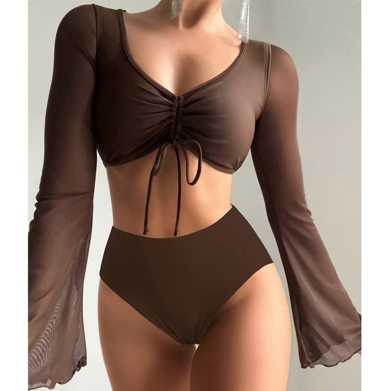 2025 New Style Split Plain High-Waisted Conservative Splicing Patchwork Swimsuit Swimsuit - Image 4