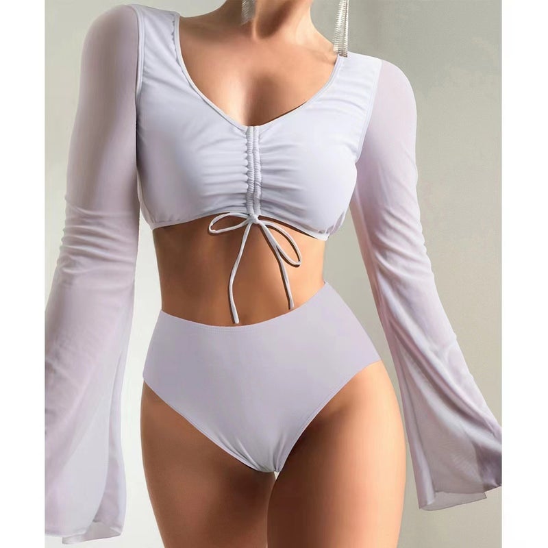 2025 New Style Split Plain High-Waisted Conservative Splicing Patchwork Swimsuit Swimsuit - Image 3