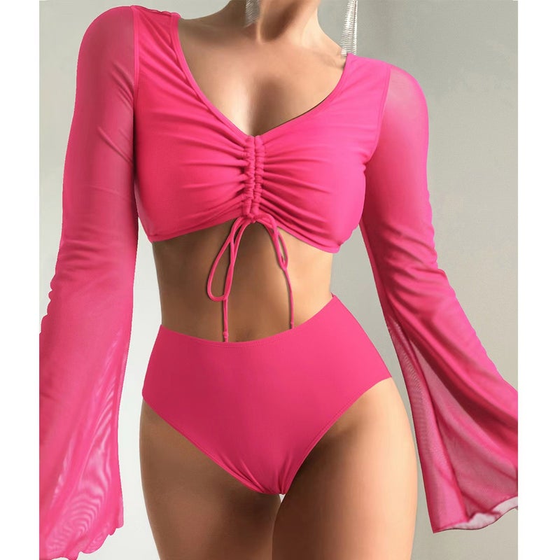 2025 New Style Split Plain High-Waisted Conservative Splicing Patchwork Swimsuit Swimsuit - Image 1