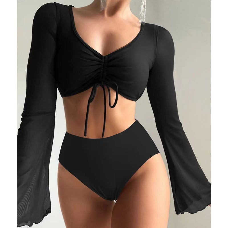 2025 New Style Split Plain High-Waisted Conservative Splicing Patchwork Swimsuit Swimsuit - Image 5