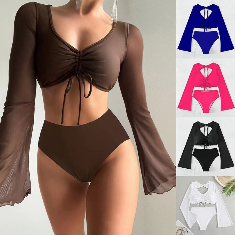 2025 New Style Split Plain High-Waisted Conservative Splicing Patchwork Swimsuit Swimsuit - Image 2