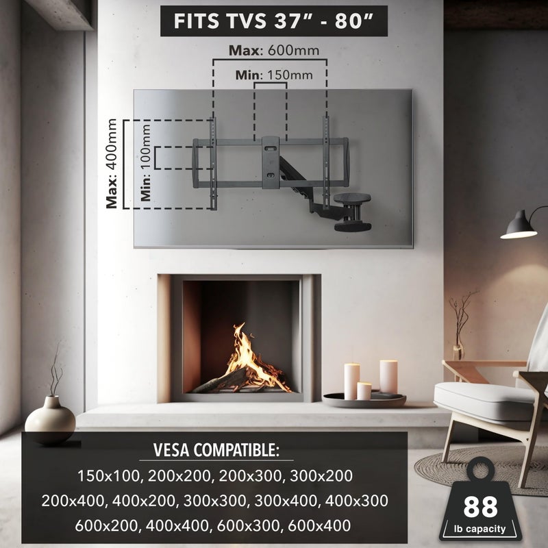 Mount-It! Pull Down TV Mount, Drop Down Wall Mount with Gas Spring Arm, Height-Adjustable TV Mount for 37-80 Inch TVs, Full Motion Swivel Tilt Bracket for Fireplace, Fits VESA 600x400, Up to 88 lbs - Image 3