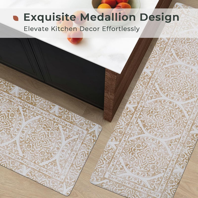 Fresh Mint 2 Piece Set Boho Kitchen Mats for Floor Bohemian Distressed Anti Fatigue Kitchen Rugs Vintage Farmhouse Cushioned Kitchen Runners for Standing Waterproof & Non-Skid Comfort, Khaki Tan - Image 2