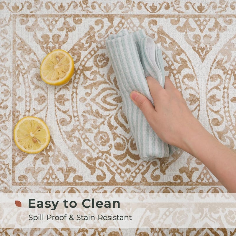 Fresh Mint 2 Piece Set Boho Kitchen Mats for Floor Bohemian Distressed Anti Fatigue Kitchen Rugs Vintage Farmhouse Cushioned Kitchen Runners for Standing Waterproof & Non-Skid Comfort, Khaki Tan - Image 4