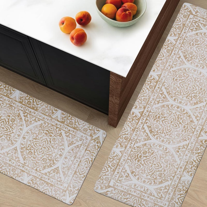 Fresh Mint 2 Piece Set Boho Kitchen Mats for Floor Bohemian Distressed Anti Fatigue Kitchen Rugs Vintage Farmhouse Cushioned Kitchen Runners for Standing Waterproof & Non-Skid Comfort, Khaki Tan - Image 3