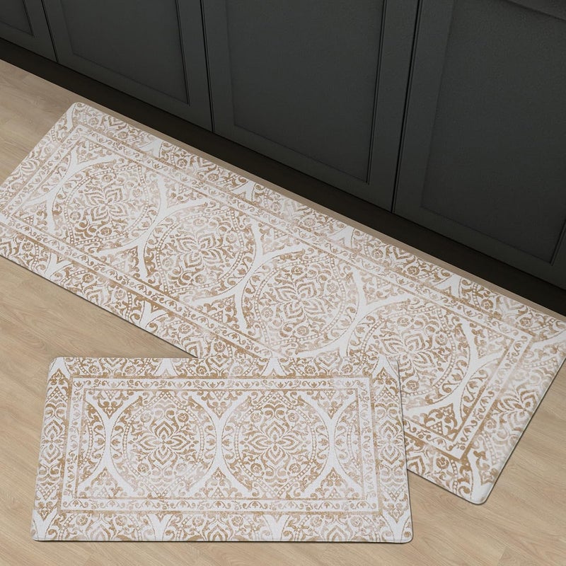 Fresh Mint 2 Piece Set Boho Kitchen Mats for Floor Bohemian Distressed Anti Fatigue Kitchen Rugs Vintage Farmhouse Cushioned Kitchen Runners for Standing Waterproof & Non-Skid Comfort, Khaki Tan - Image 1