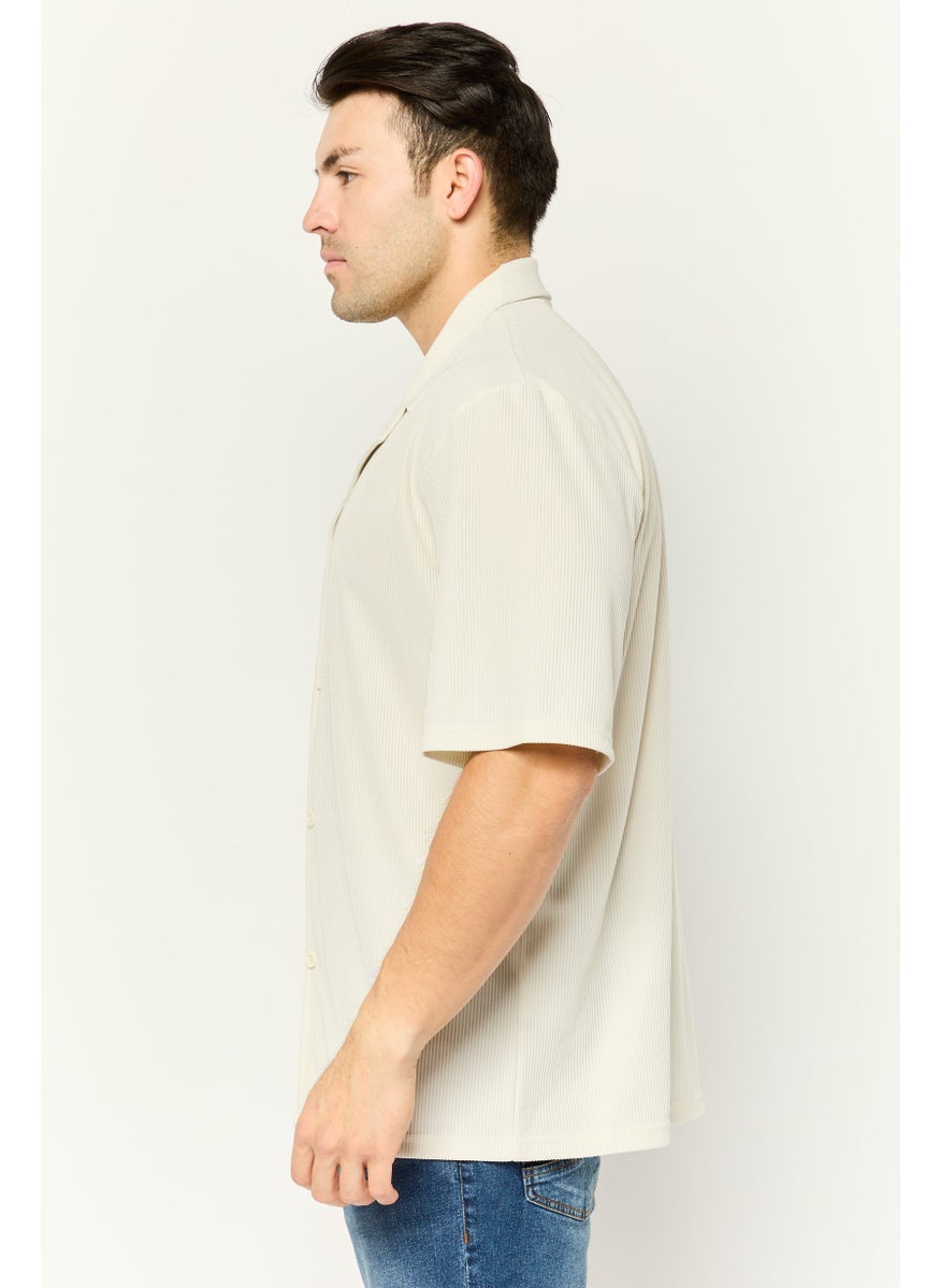 Core Elements Men Regular Fit Stripe Short Sleeve Casual Shirt, Cream  - Image 3