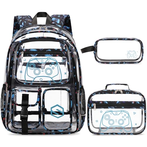 DIGOBAY 3PCS Cool Luminous Clear Backpack for Boys Kids Gamer Bookbag for School See Through PVC Transparent Backpacks with Lunch Bag Pencil Case Clear Backpack Heavy Duty for School Stadium - Image 1