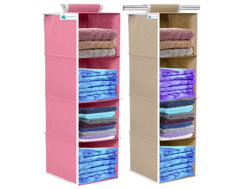 UNICRAFTS Hanging Organizer 4 Shelves NonWoven Foldable and Universal Fit Closet Organizer Collapsible Wardrobe Organiser for Regular Garments Cupboard 4 Tier for Bedroom Combo Pack of 2 - Image 1