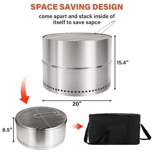 HGD 20 Inch Smokeless Firepit with Grill, Portable Wood Burning Fire Pit for Camping & Backyard, Stainless Steel Outdoor Fireplace with Travel Bag, Easy Setup & Compact Storage - Foldable Design - Image 2
