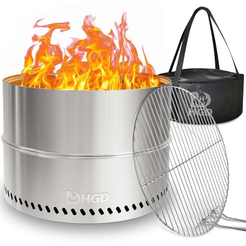 HGD 20 Inch Smokeless Firepit with Grill, Portable Wood Burning Fire Pit for Camping & Backyard, Stainless Steel Outdoor Fireplace with Travel Bag, Easy Setup & Compact Storage - Foldable Design - Image 1