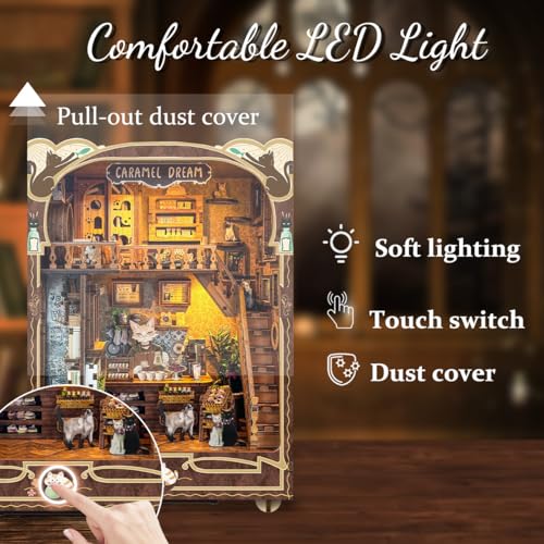 IBOHEYE Book nooks DIY Dollhouse Kit for Adults 3D Stereo Assembly Night Light Sensing Wooden Bookend Jigsaw Building Model Gifts for FamilyFriends Caramel Dreams - Image 5