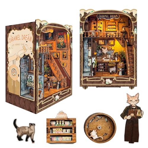 IBOHEYE Book nooks DIY Dollhouse Kit for Adults 3D Stereo Assembly Night Light Sensing Wooden Bookend Jigsaw Building Model Gifts for FamilyFriends Caramel Dreams - Image 1
