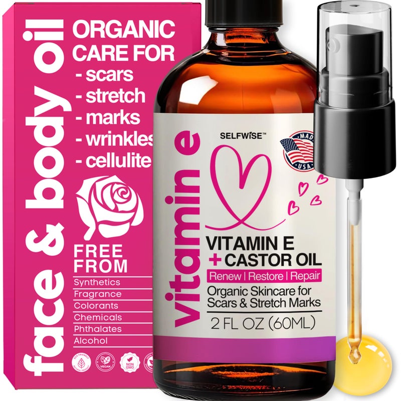 Organic Vitamin E Oil for Scars Stretch Marks Removal Wrinkles  Cellulite  Scar Away Treatment Bio Oil with Castor Rosehip Jojoba Almond  Hydrating  Moisturizing Skincare  Face  Body Oil