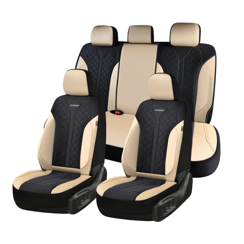Coverado Seat Covers Full Set, Beige Car Seat Covers, PU Leather & Breathable Mesh Seat Protectors, 5-Piece Automotive Seat Covers, Universal Fit for SUVs, Trucks, Sedans - Image 1
