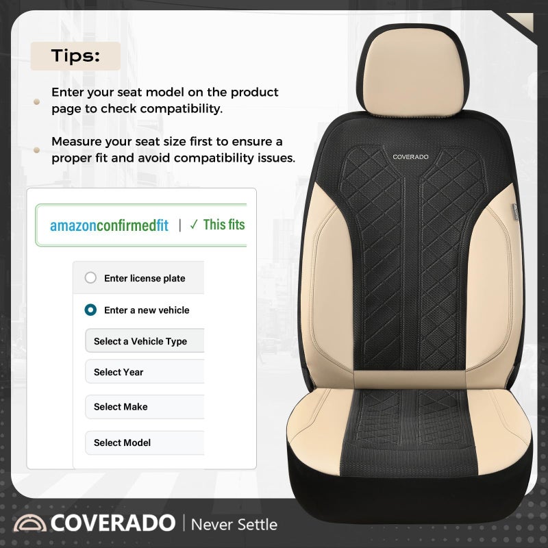 Coverado Seat Covers Full Set, Beige Car Seat Covers, PU Leather & Breathable Mesh Seat Protectors, 5-Piece Automotive Seat Covers, Universal Fit for SUVs, Trucks, Sedans - Image 3