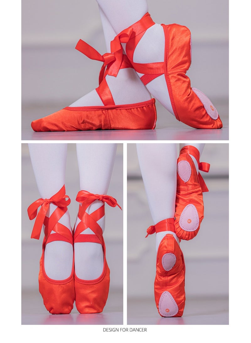 Loquat Ribbon Ballet Soft Sole Lace Up Training Dance Shoes for Women Red Color  - Image 2