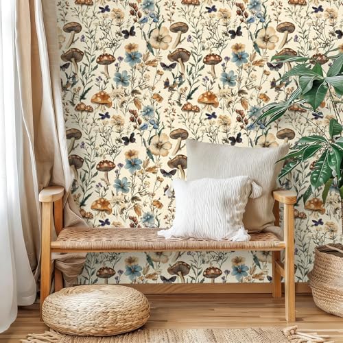 Froluya Mushroom Wallpaper Peel and Stick Vintage Floral Contact Paper 169 x 1968 Boho Self Adhesive Removable Wallpaper Mushroom Forest Decorative Contact Paper for Bathroom Cabinets Vinyl - Image 3