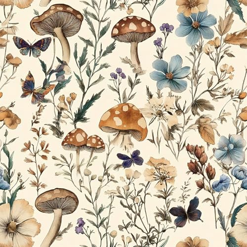 Froluya Mushroom Wallpaper Peel and Stick Vintage Floral Contact Paper 169 x 1968 Boho Self Adhesive Removable Wallpaper Mushroom Forest Decorative Contact Paper for Bathroom Cabinets Vinyl - Image 1