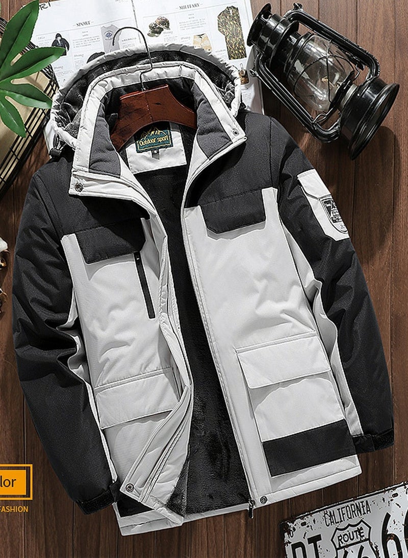 Loquat Men's Thicken Jacket Warm Winter Waterproof Windbreaker Detachable Hat Coat White/Black - Image 1