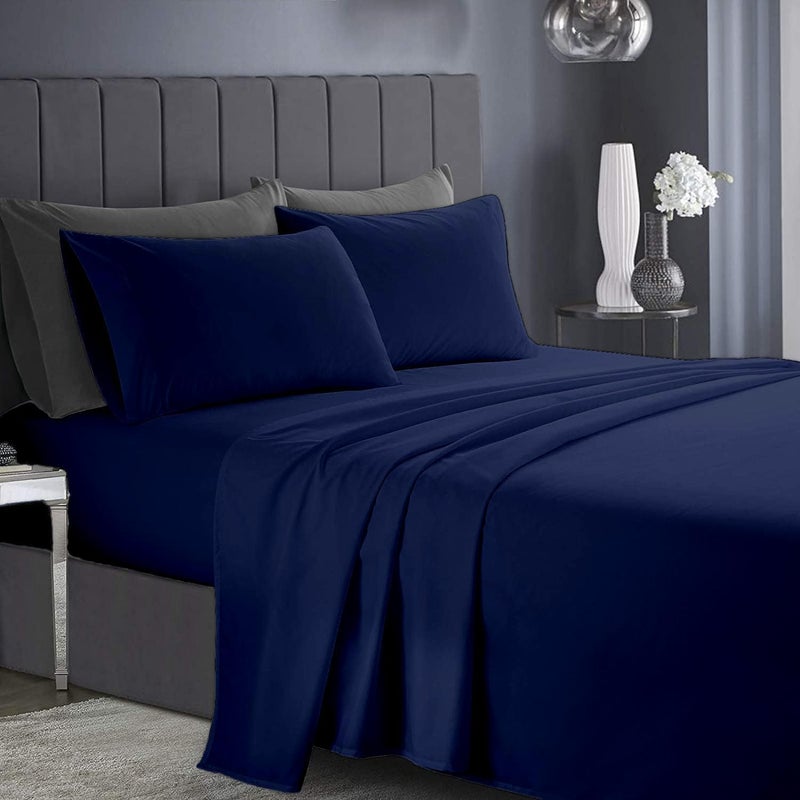 RISHAHOME Shop & home all-space compatible 3 Piece Deep Pocketed Fitted Bedsheet Set Twin Size|Navy Blue Colour |1 Fittedsheet - 120x200+20 cm, 2 Pillowcases - 50x75 cm|Non allergic Microfiber for year-around use. Anti slip - Image 1