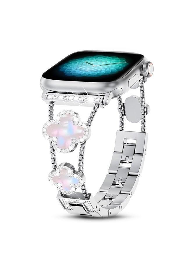 O Ozone - Metal Watch Band For Apple Watch Series 10 9 8 7 6 5 4 SE, 38/40/41/42mm Sparkle Diamond Cute 4 Leaf Clover Dressy Band Women -Silver - Image 1