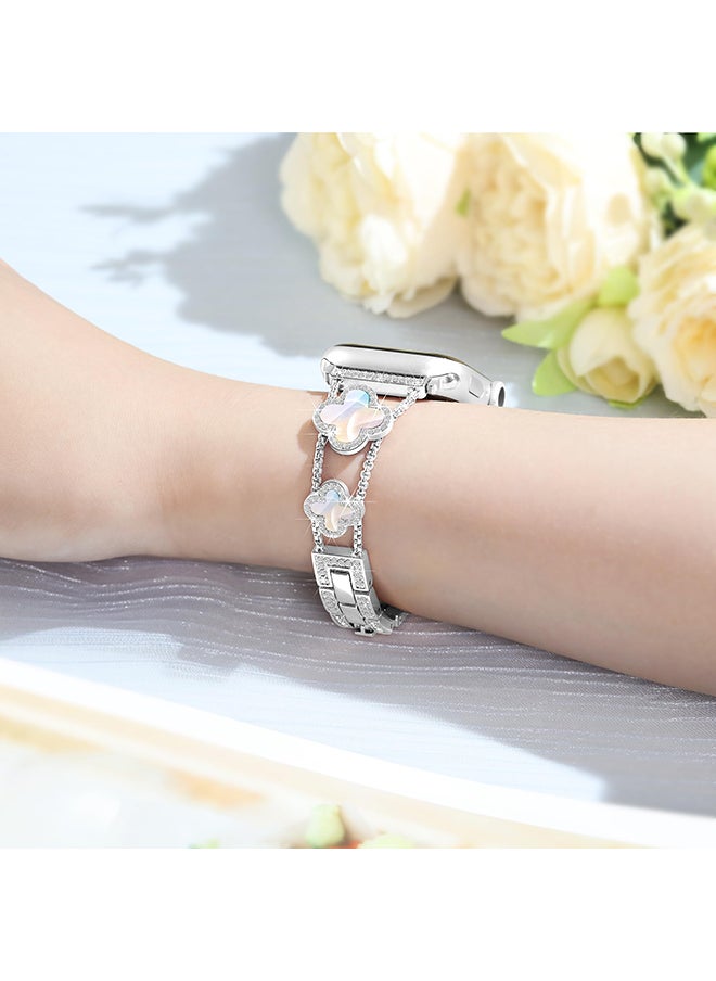 O Ozone - Metal Watch Band For Apple Watch Series 10 9 8 7 6 5 4 SE, 38/40/41/42mm Sparkle Diamond Cute 4 Leaf Clover Dressy Band Women -Silver - Image 1