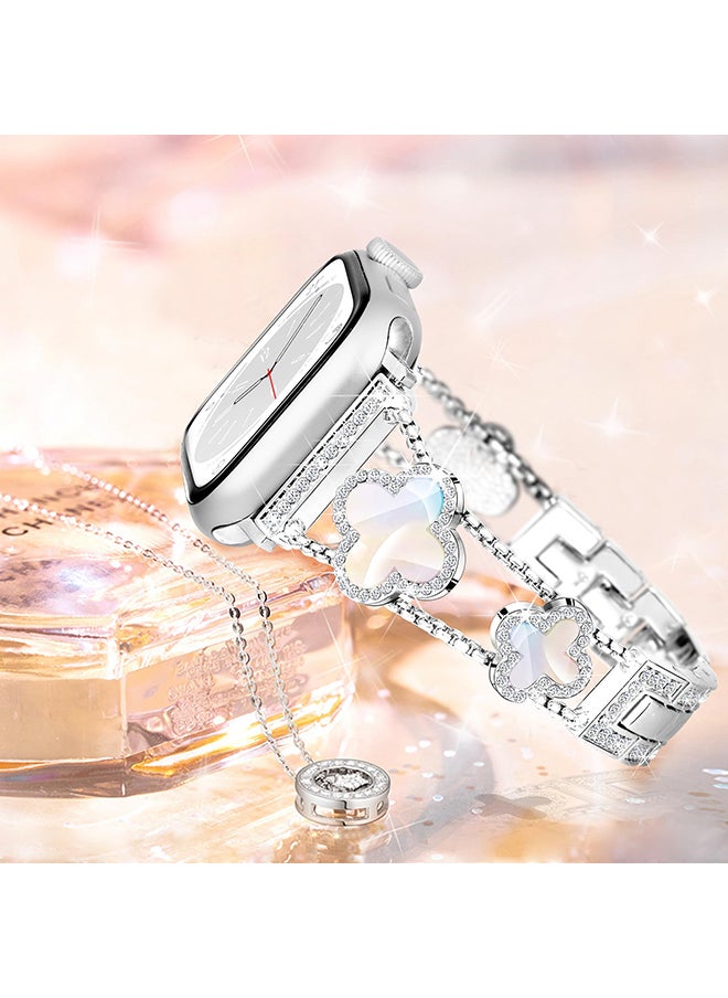 O Ozone - Metal Watch Band For Apple Watch Series 10 9 8 7 6 5 4 SE, 38/40/41/42mm Sparkle Diamond Cute 4 Leaf Clover Dressy Band Women -Silver - Image 1