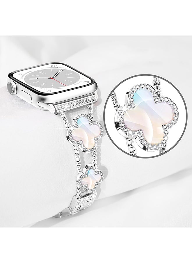 O Ozone - Metal Watch Band For Apple Watch Series 10 9 8 7 6 5 4 SE, 38/40/41/42mm Sparkle Diamond Cute 4 Leaf Clover Dressy Band Women -Silver - Image 1