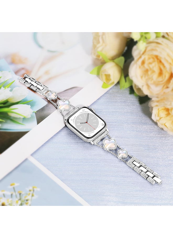 O Ozone - Metal Watch Band For Apple Watch Series 10 9 8 7 6 5 4 SE, 38/40/41/42mm Sparkle Diamond Cute 4 Leaf Clover Dressy Band Women -Silver - Image 1