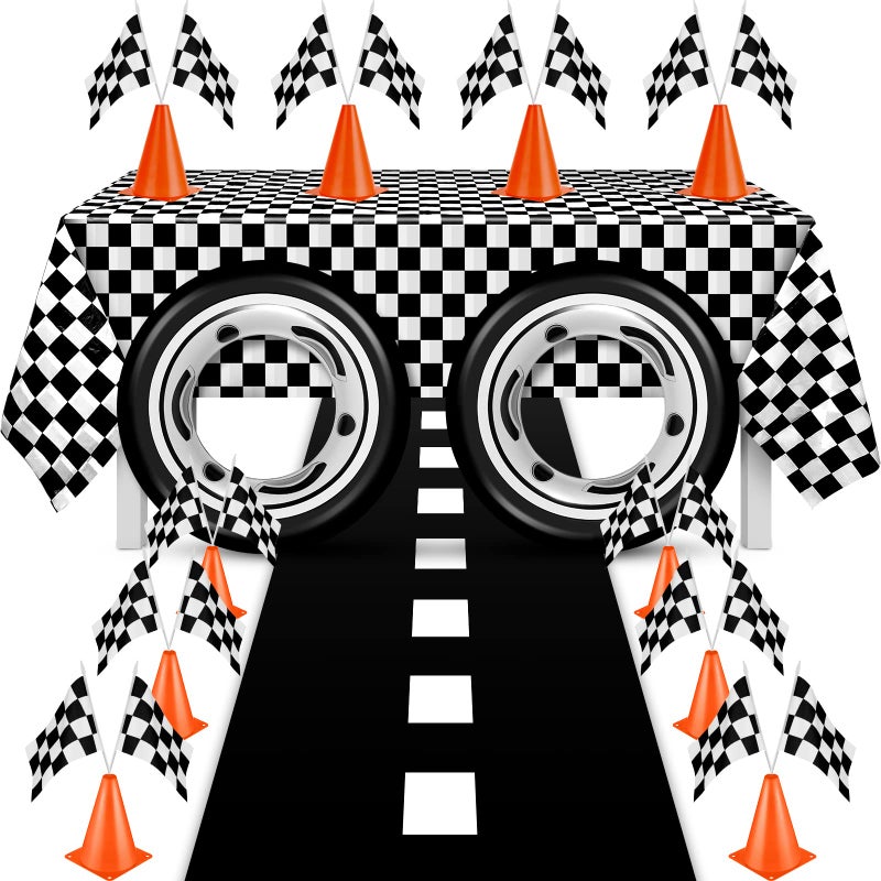 Remagr 24 Pcs Race Car Theme Birthday Party Supplies 8 Pcs Traffic Cones 12 Black and White Checkered Flags 2 325 Inflatable Tire Tubes Black Floor Runner Checkered TableclothClassic Style