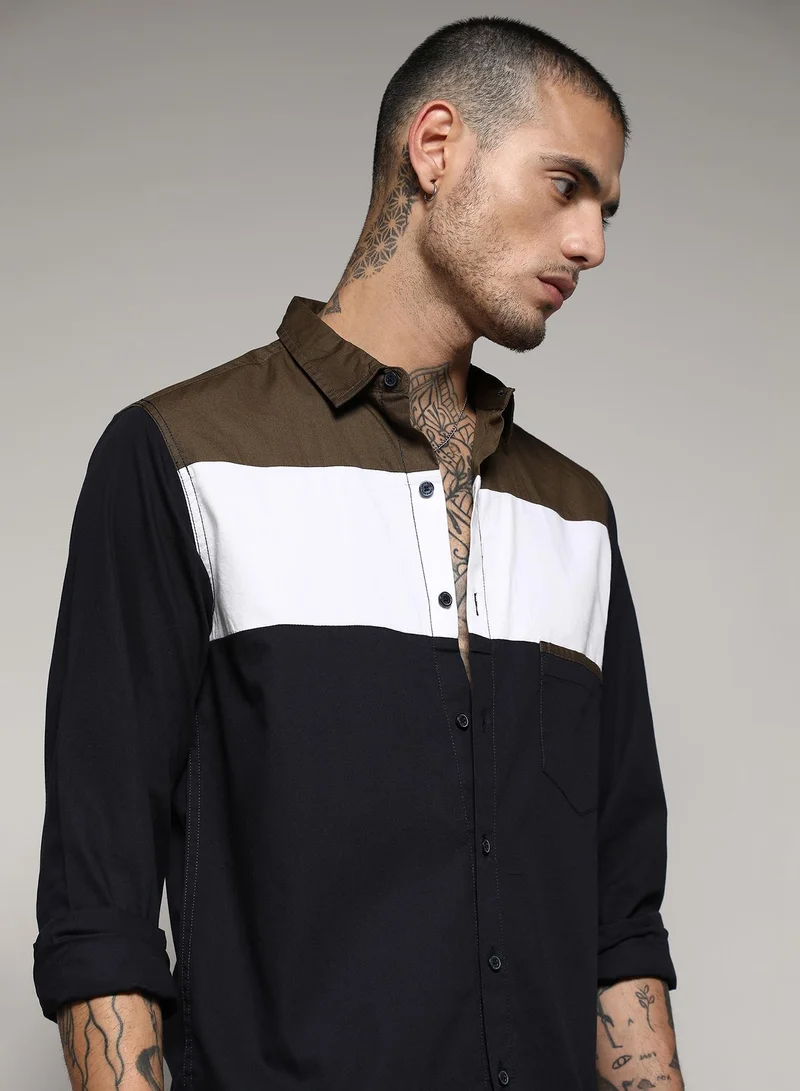 Campus Sutra Men's Navy Blue & Olive Green Contrast Panel Shirt