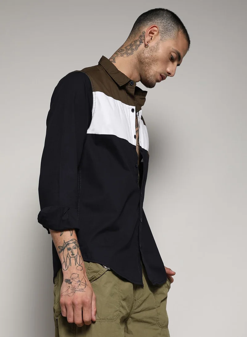 Campus Sutra Men's Navy Blue & Olive Green Contrast Panel Shirt