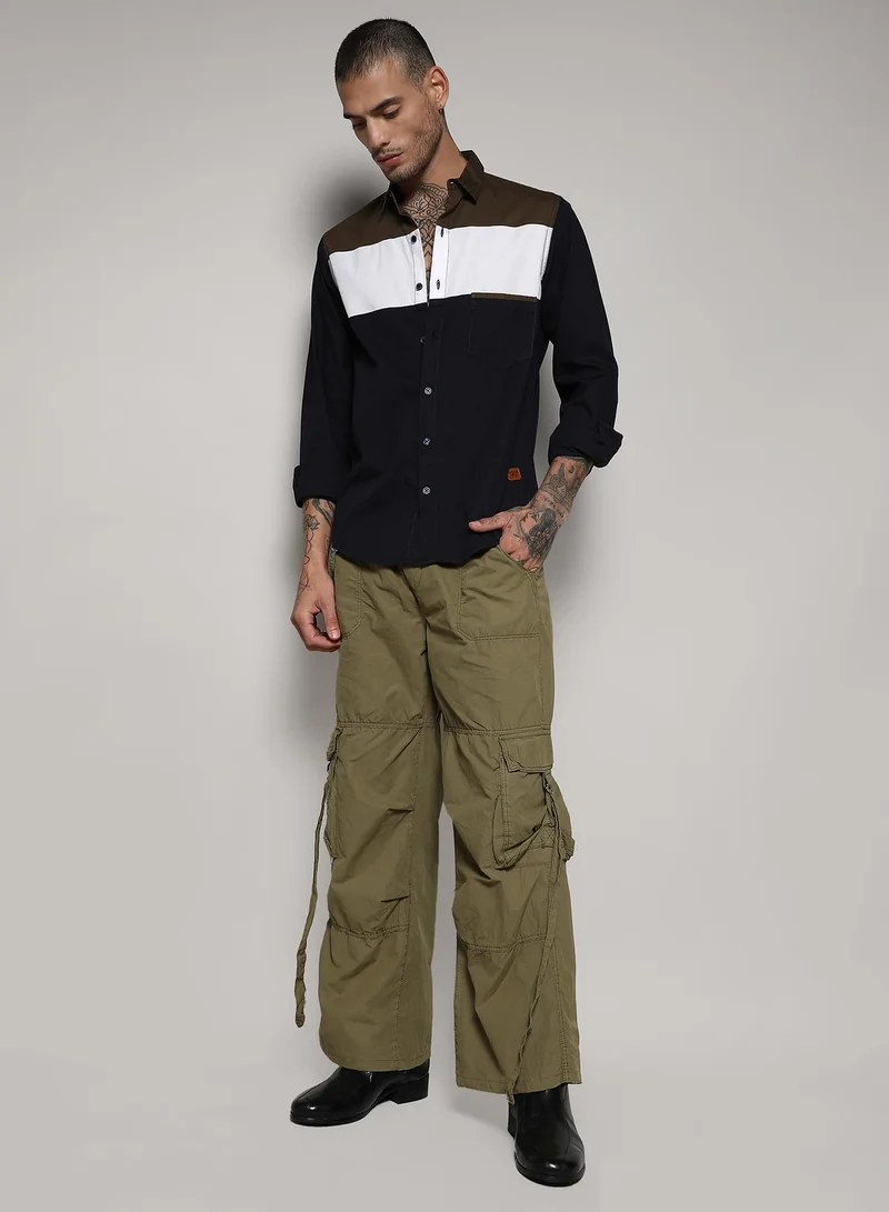 Campus Sutra Men's Navy Blue & Olive Green Contrast Panel Shirt