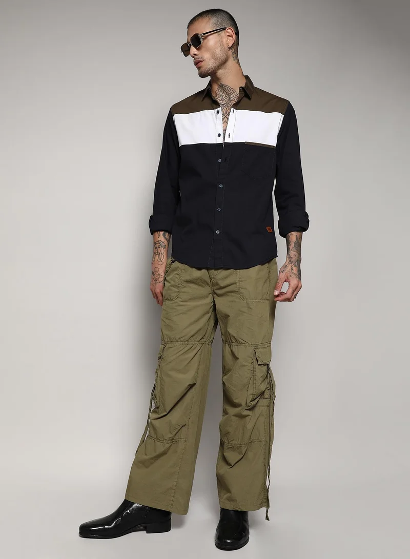 Campus Sutra Men's Navy Blue & Olive Green Contrast Panel Shirt
