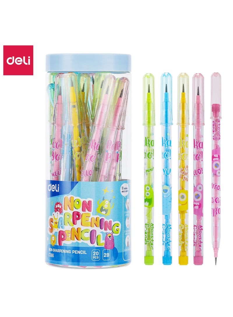 Deli EC086 MONSTER FRIENDS No Clip Plastic Round Barrel No Grip Mechanical Pencil with Eraser, 2B, 20PCS - Image 1