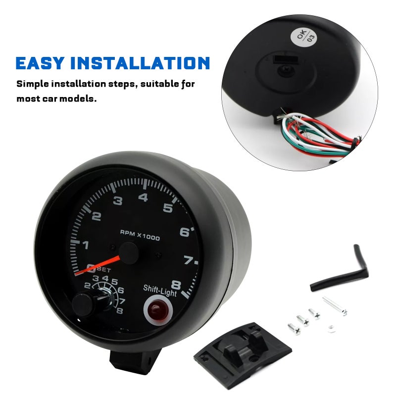 Car Tachometer Gauge Universal Car Gauge With Shift Light Automotive Replacement Tachometer For 4/6/8 Cylinders 3.75 Inch - Image 4