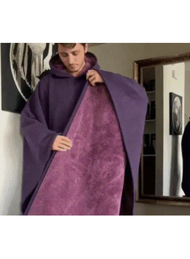 Thickened Flannel Warm Shawl Blanket, Oversized Long Sleeve Hoodie,Suitable forHome and Office Use, Unisex—Dark Purple - Image 2