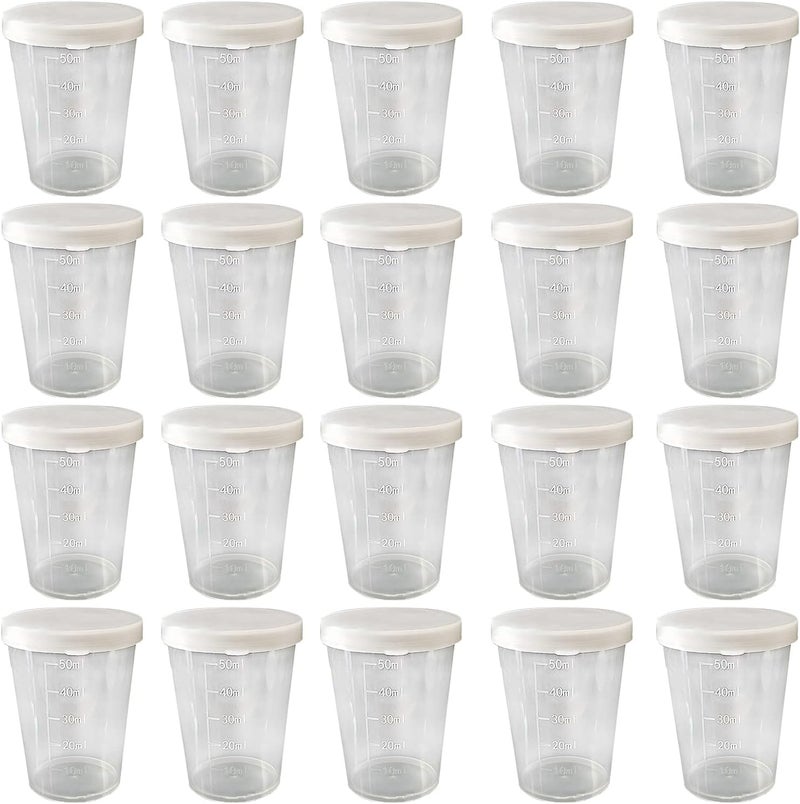 Dadamong 20PCS Plastic Medicine Measuring Cups with Lids, Clear Reusable Graduated Cups Transparent Scale Measuring Cups, Measure Container for Mixed Pills, Liquid Medication (50ML) - Image 1