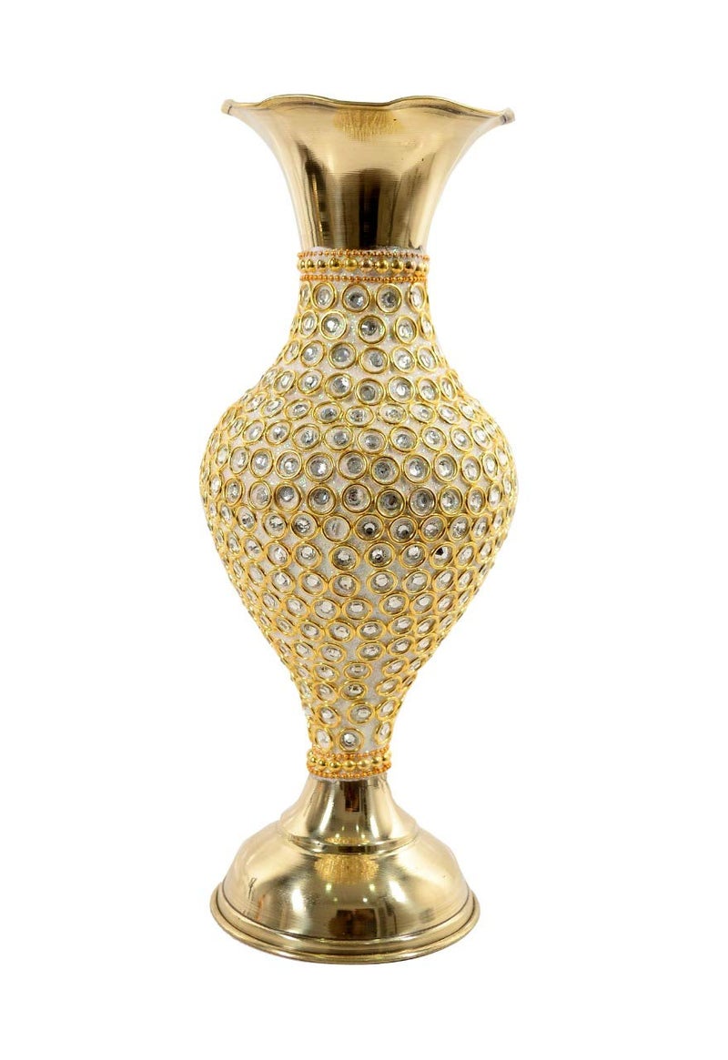 Skywalk Hand Crafted Metal Flower Vase with Beads (10 Inch),Golden, Hand - Image 1