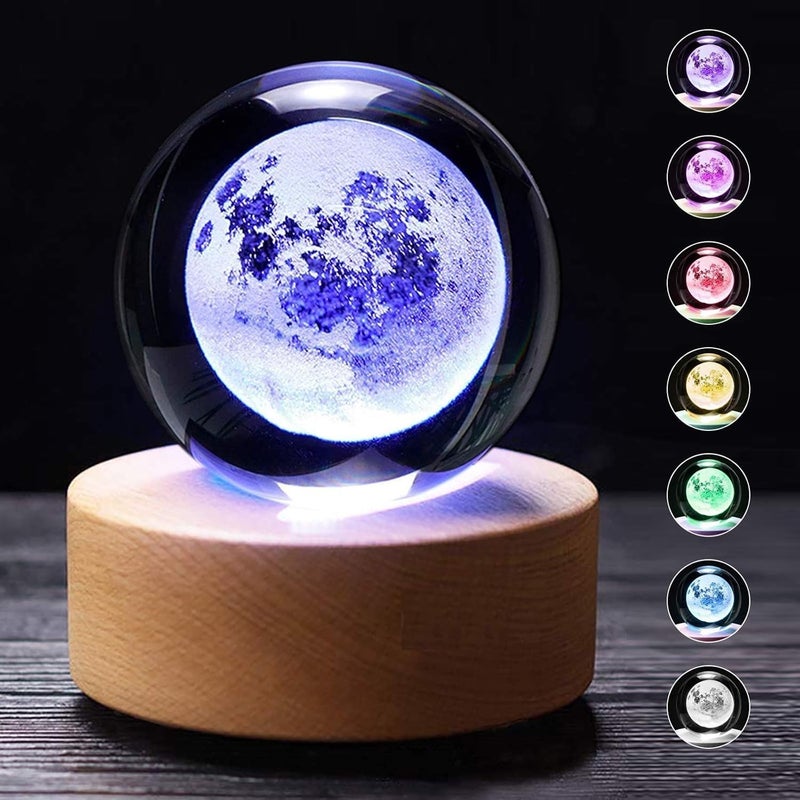 Rylan 3D Moon Multi Crystal Ball Night Light with Wooden Base - LED USB Table Lamp for Kids, Teens, and Home Decor - Image 5