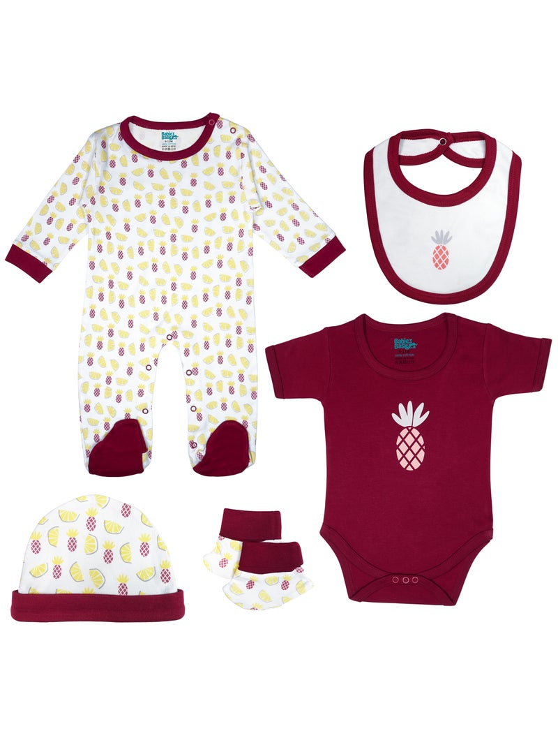 Babies Basic 5 piece Unisex 100% Cotton Sets include Bib, Romper, Mittens, Cap and Sleepsuit/Jumpsuit - Image 1