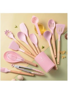 Silicone Cooking Utensils Set - Heat Resistant Silicone Kitchen Utensils for Cooking,Kitchen Utensil Spatula Set Wooden Handles and Holder for Non-Stick Cookware, BPA FREE (Pink)