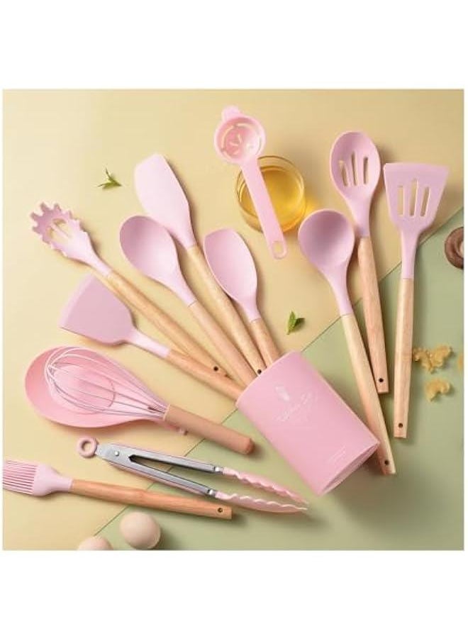 HOOKOR - Silicone Cooking Utensils Set - Heat Resistant Silicone Kitchen Utensils for Cooking,Kitchen Utensil Spatula Set Wooden Handles and Holder for Non-Stick Cookware, BPA FREE (Pink) - Image 1
