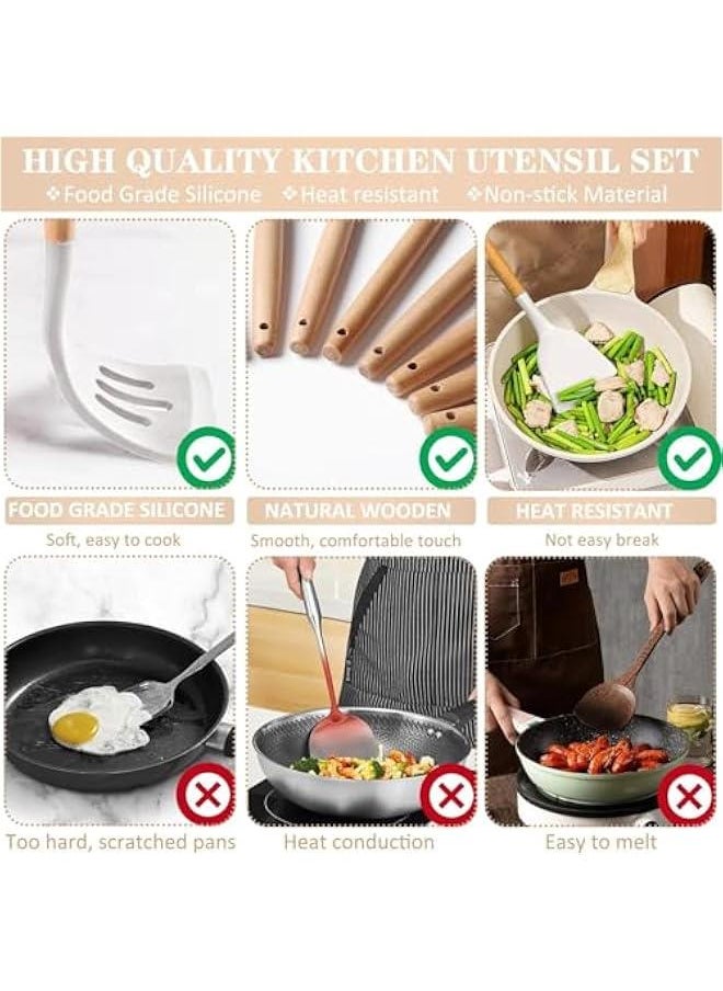 HOOKOR - Silicone Cooking Utensils Set - Heat Resistant Silicone Kitchen Utensils for Cooking,Kitchen Utensil Spatula Set Wooden Handles and Holder for Non-Stick Cookware, BPA FREE (Pink) - Image 1