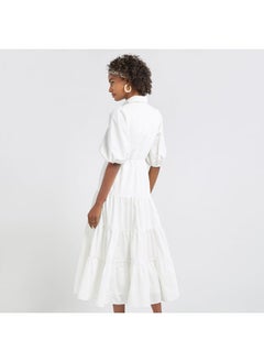 FAV Plain Tiered Shirt Dress with Puff Sleeves  - Image 3