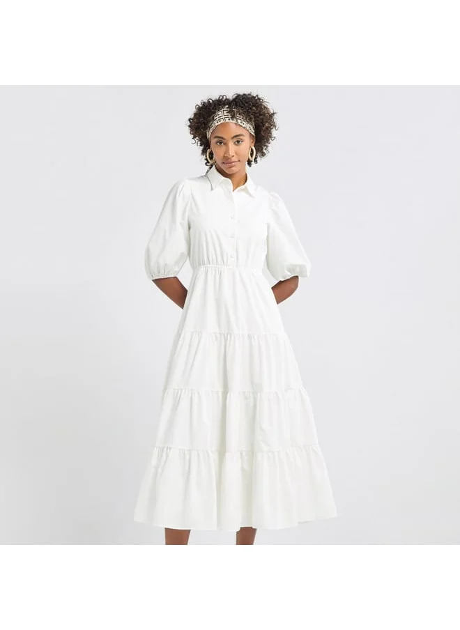 FAV Plain Tiered Shirt Dress with Puff Sleeves