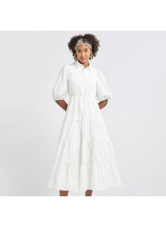 FAV Plain Tiered Shirt Dress with Puff Sleeves  - Image 1