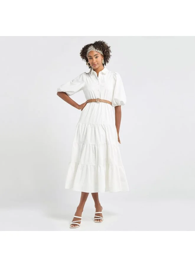 FAV Plain Tiered Shirt Dress with Puff Sleeves